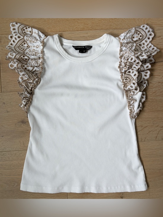Veronica Beard Tops - Veronica Beard Jeans Ribbed Top Eyelet Ruffle Sleeve Ivory Beige Sz M*H18